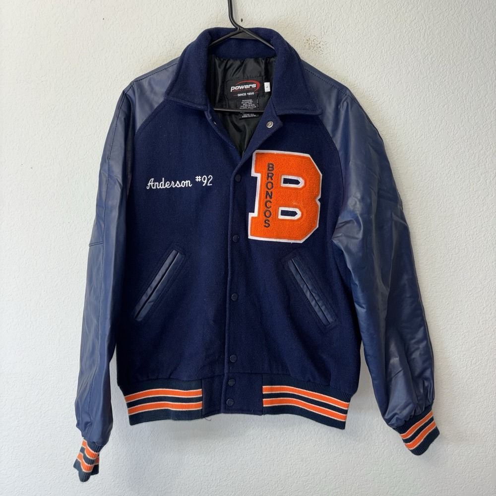 Vintage Powers Varsity Letterman Jacket Broncos Size L Wool Blend Embroidered